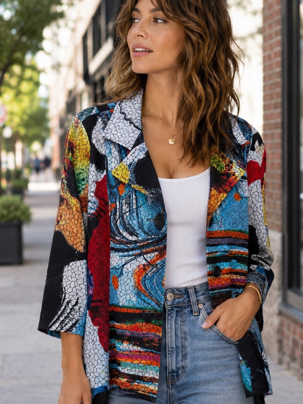 Ali Miles Jacket Blazer - Abstract Art High Low - Multicolor - Statement